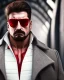 Placeholder: a young man with big muscles who looks like hans gruber wearing a heavy coat and red sunglasses staring with an irritated look on his face