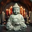 Placeholder: mythical Budda shaped from clay showing the many cracks, curves, and handmade details in the dried clay. Background is a shrine with many candles and burning incense sticks in a small dark alcove