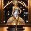 Placeholder: A magnificent golden and silver heart-shaped sign adorned with a stunning golden sphere encrusted with sparkling diamond clusters at its center, elegantly spinning in position,a girl statue standing pose