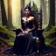 Placeholder: Morena Baccarin as a beautiful sexy dark elf queen seated elegantly on a throne in a mystical forest, dark celtic vignette frame, photo-realistic, cinematic lighting, award-winning photography