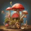 Placeholder: Patchwork, large Amanita muscaria mushrooms in a silver basket