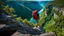Placeholder: photo from falls down the mountain a human figure with a backpack falls from a high cliff into the abyss, detalied, Professional photography, natural lighting, canon lens, shot on dslr 64 megapixels ,sharp focus