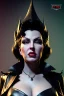 Placeholder: Lana Turner as evil queen in black leather, leather, busty, cleavage, angry, stern look. character design by cory loftis, fenghua zhong, ryohei hase, ismail inceoglu and ruan jia. unreal engine 5, artistic lighting, highly detailed, photorealistic, fantasy