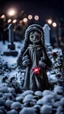 Placeholder: On the grave at night in winter there are many flowers and a toy in the form of a doll
