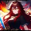 Placeholder: Clear focus, 8k, beautiful lighting, vibrant colors, girl, red long hair, vibrant golden eyes, messy hair, hair in between the eyes, angry, holding sword at you,