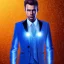 Placeholder: Handsome cosmic man realistic, glitter suit, blue lights, stars