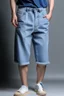 Placeholder: Man's wide leg light blue jeans long shorts