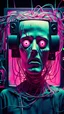 Placeholder: Create an image in "Analog Madness" art style: a surreal, chaotic scene that combines analog TV static, VHS glitches, distorted CRT visuals, and eerie color bleeding. The subject is a humanoid figure with a static-filled face, multiple eyes flickering like broken screens, surrounded by twisted wires, magnetic tape spirals, and corrupted visual artifacts. The background shows a warped analog control room, with glitchy monitors showing unsettling symbols, distorted timelines, and corrupted memorie