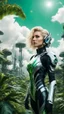 Placeholder: Wide angle photo of a sci-fi woman with blond hair, silver and black futuristic spacesuit looking android-like, standing on an alien jungle planet with cloud trees in multiple green hues