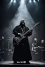 Placeholder: katolický biskup hraje na pódiu v blackmetalové kapale na baskytaru a řve do mikrofonu, ponurá atmosféra, veliká scéna koncertu, pentagram, obrácený kříž, veliký kontrast, hodně detailů, fotorealistické, RAW
