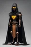 Placeholder: slim copper robot, dungeons and dragons, yellow eyes, wearing black cloak