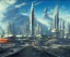 Placeholder: Spaceport on a heavy industrialized planet with a vibrant city in the background and a docked spaceship in the foreground, art by John Berkey, buildings with glass facades, Brutalität architecture, insanely detailed, vibrant, 8k uhd, cinematic atmosphere, ultra-wide angle, street level view, brush strokes, blue sky with clouds, sharp focus