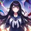 Placeholder: Clear focus, High resolution, Black long fluffy hair, purple eyes, wearing a sailor uniform, shattered rainbow in triagle formation