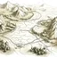 Placeholder: topograhpical map, illustration, aged, handdrawn, sketch, white, valley, post apocalypse
