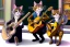 Placeholder: Group of three mature cats musicians, one cat playing guitar, one cat playing drums, one cat holding microphone and singing, singing, street, Vienna, smiling, sunny day, model style, hyper realistic, extremely accurate, delicate, extremely detailed, Graphic novel style, wide-angle, open aperture, superfine pencil