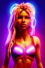 Placeholder: Shakira, artist, 30 years old, Realistic image, waist up portrait, etro style dress. Blonde, feathers, loose long hair, eyes make up, perfect, glow, circle iris. Neon colors, leds, geometric shapes. Dark background, photo studio, neon lights. Cyberpunk, concept art, smooth, unreal engine 5, god lights, ray tracing, RTX, lumen lighting, ultra detail, volumetric lighting, 3d, finely drawn, high definition, 4k.