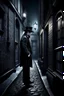 Placeholder: man in dark clothing, hiding around a corner while looking down on a brightly lit Victorian street