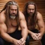 Placeholder: half figure shot photography of two angry gipsy 41 years old burly chubby ugly men embracing tightly, dreadlocks, shirtless, in a sauna