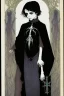 Placeholder: 7 year old boy, necromancer, friendly, looks dead,with a long lamprey emerging from his belly , wearing black robes, in the style of Harry Clarke