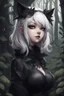 Placeholder: CAT GIRL, goth, forest, nature, cartoon, leaves, half black half white hair, boobs, portrait