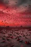 Placeholder: A lot of birds in the sky fill the whole background, red clouds in the sky with huge amount of dead children laying on the ground