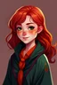 Placeholder: A cute girl with red hair and green eyes and she is wearing a Hogwarts robe