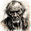 Placeholder: fineliner pen and ink wash sketch of old homeless man, very angry, revenge face, shocking face expression, vengeance, anger, aggressive, madness, head and shoulders, ink wash calligraphy line background in style of Jeremy mann