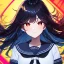 Placeholder: Clear focus, High resolution, long black fluffy hair, red eyes, chopped bangs, wearing a sailor uniform, wearing a sailor skirt, colorful, hollywood, female, no outlines, extreme close up