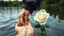 Placeholder: Young woman hand holding man's hand , close a white rose swims on the water, in the blur background a lake, some green trees, ultra detailed, sharp focus, perfect anatomy, perfect hands with fingers, perfect photo