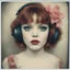 Placeholder: Grunge Polaroid head shot of doll-faced clara bow, natural pouty lips, red nose, hair adorned with flowers, rosy cheeks and rosy nose, headphone