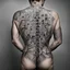 Placeholder: Dramatic full-back tattoo of a black and white crossword puzzle, photorealistic, dramatic, body art