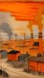 Placeholder: An orange western town covered in smoke painted by Piet Mondrian