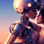 Placeholder: great illustrator, spanish, realistic rendering of a cute spanish girl kissing a beautiful cybergirl. beautiful, simmetric, steampunk style. Helmet with tubes. Girl with wings. Machinery in the background. Robotic bird flying. High details. 4k. unreal engine, sunset