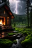 Placeholder: Thunderstorm with lightning, rain, crackling fireplace in a cozy cabin, mossy swamp view