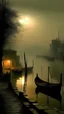 Placeholder: Qaitbay Citadel in Alexandria, fishermen’s boats anchored around it, fishermen putting fishing nets on their boats, fog covering the place, the moment the sun rises