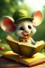 Placeholder: mouse Tim in funny hat book on his hand go to adventure