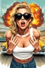 Placeholder: an young woman leaning forward(cropped tightly from between nose and stomach, white top with wide neck opening, cleavage, hands at side of face, with surprised expression, home alone scream, blonde wavy hair, large cheep sunglasses), nuclear explosion and 1950s Cars in background, greaser, digital painted illustration