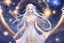 Placeholder: very beautiful cosmic women with white long hair, smiling, with cosmic dress and in the background there is a bautiful sky with stars and light beam