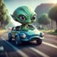 Placeholder: a cartoon alien driving a car down a road, a character portrait by Mike Winkelmann, featured on cgsociety, pop surrealism, rendered in cinema4d, daz3d, behance hd