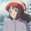 Placeholder: girl, Christmas hat on head, looking forward, anime art, cold weather, gray furry clothes,anime key visual of elegant young female