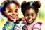 Placeholder: A cute smiling Afro-American girl is holding a kitten. Watercolour