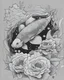 Placeholder: A koi carp full of roses, irezumi, japanese style, drawing, line work, outline, simple line style, black and white