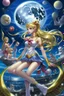 Placeholder: Create a stunning, full body, photorealistic illustration of Sailor Moon's transformation sequence, highlighting her evolution into a beautiful and powerful woman. Ensure that the details, colors, and lighting capture the essence of her character and the magic of the transformation