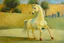 Placeholder: Big light blue plastic toy horse.19th painting