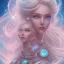 Placeholder: cosmic petit prince belle fine, profil de trois quart, grand front cosmique, peau bleu cristalline, yeux bleu, perle sur le front long cheveux blond et rose etoilé, cristaux sur le corps, collier de grande princesse, levres souriante, très jolie sourire