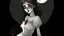 Placeholder: comix style, In the pallid moonlight, a peculiar girl appears - a vampire, her skin a haunting shade of spectral grey, as if she herself were wrought from the lonely heart of a forsaken moon. Cruel rubies are set into her eyes, glowing with ominous liveliness against her lifeless pallor. Blood, a sinister accompaniment to her form, the colour of garnet, seems to drip off her like a macabre jewel, casting a chilling aura of dangerous enchantment about her.