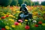 Placeholder: Darth vader in a beautiful field of flowers, colorful flowers everywhere, perfect lighting, leica summicron 35mm f2.0, kodak portra 400, film grain, naruto fan art