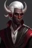 Placeholder: male tiefling dark skin with white hair and white eyes rogue