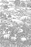 Placeholder: STRESS RELIEF themed coloring page for adult, A cute meadow filled with fluffy bunnies surrounded by gently rolling hills and dotted with wildflowers creating a sense of tranquility and simplicity, cartoon style, thick outline, low details, no shading, no color