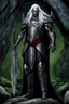 Placeholder: The male Dark Elf (drow) the mysterious warrior with dark purple skinned flowing long white hair and red eyes, slender, tall, wearing dark plate silver metal armor, standing a tall, old stone cave, next rocks, and a little green river, realistic, high detailed, dark fantasy, masterpiece, crepy stunning